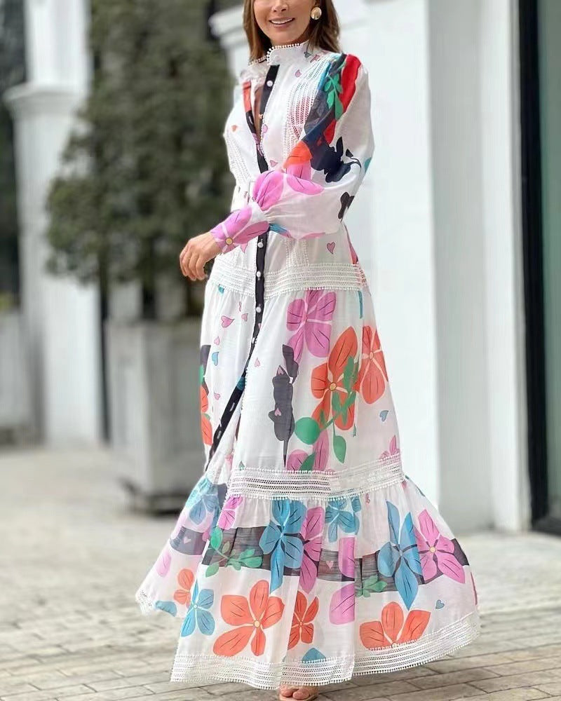 Frühling-Sommer Neue Art Bedrucktes Langes Patchworkkleid aus Spitze