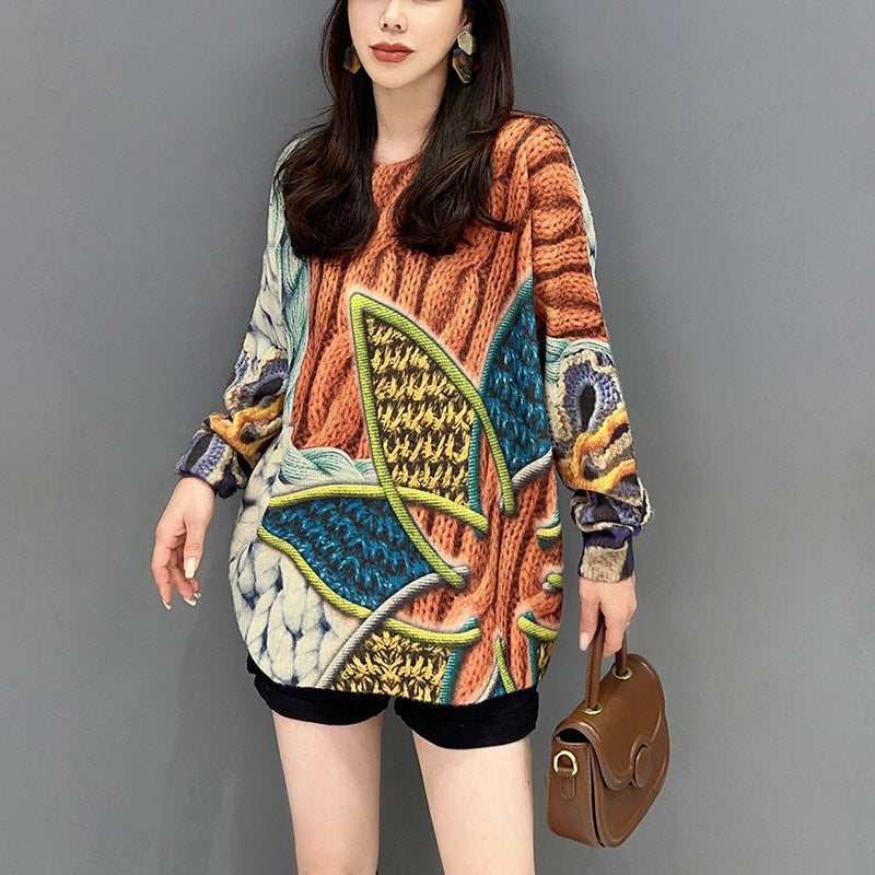 Women's Fashion Loose Print Mink Sweater