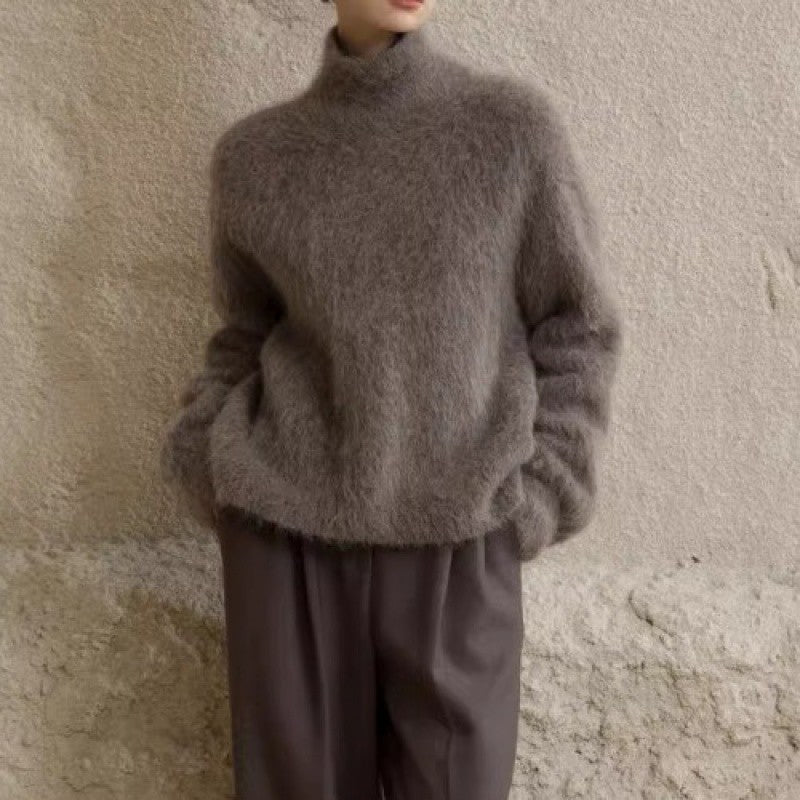 Grauer Rollkragenpullover aus Mohair für Damen