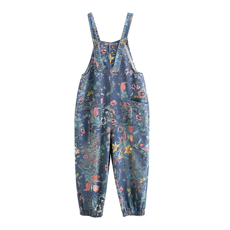 Women's Printed Denim Suspender Pants