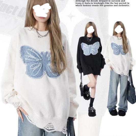 Suéter bordado de mezclilla retro americano con mariposa de nicho para mujer