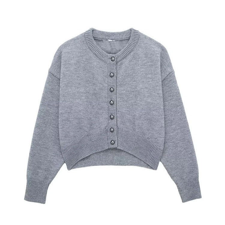 Female Gray High Waist Short Decorated Row Button Knitted Coat