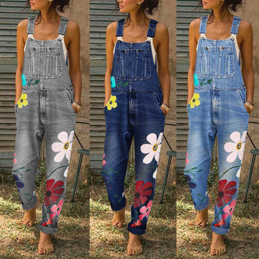 Denim-Overall mit Blumendruck, lange Hose, Overall mit Taschen