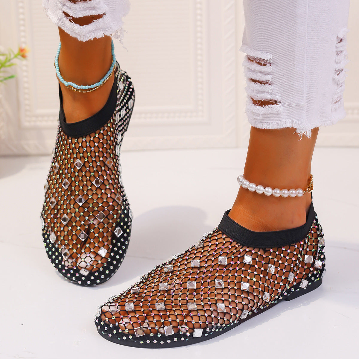 Sandalias planas de malla de moda con diseño de diamantes de imitación coloridos, nuevos zapatos de playa de punta redonda de verano para mujer