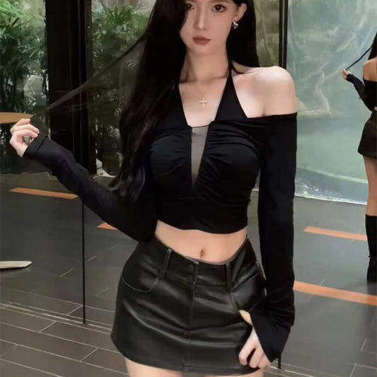 Hot Girl V-neck Off-shoulder Halter Top Female Autumn Winter Sexy Leather Hip Skirt