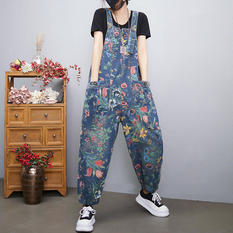 Women's Printed Denim Suspender Pants