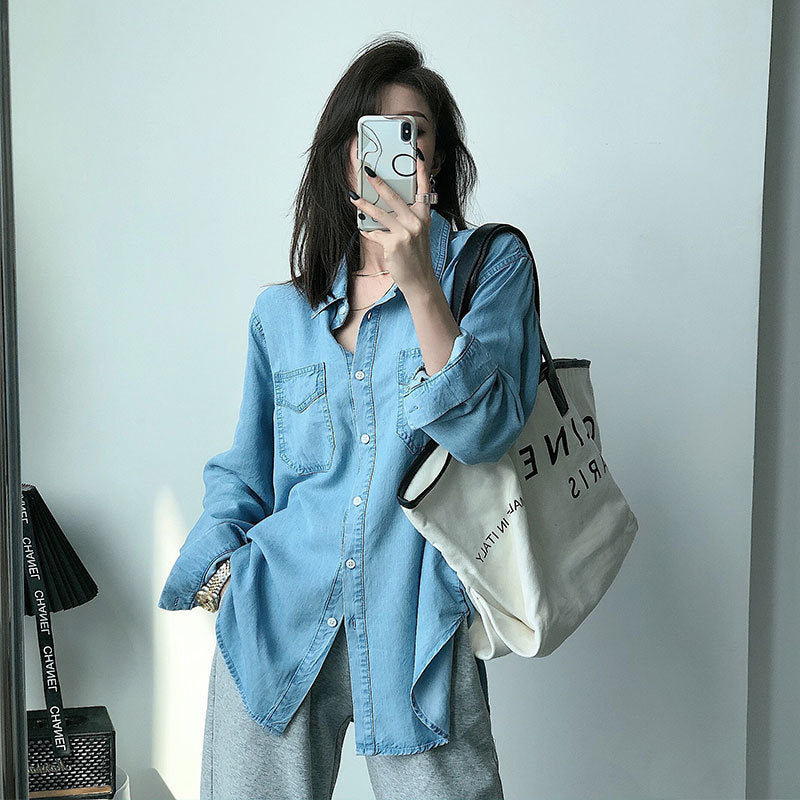 Blue Denim Shirt Women's Spring And Autumn Jacket Retro Hong Kong Flavor