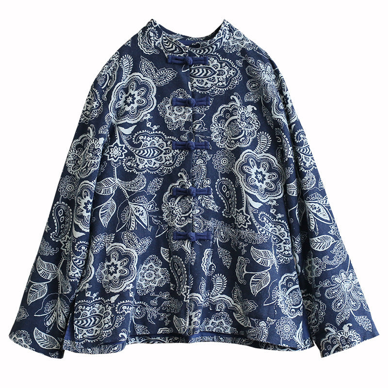 Cotton And Linen Jacket Women's Ethnic Blue Calico Cardigan