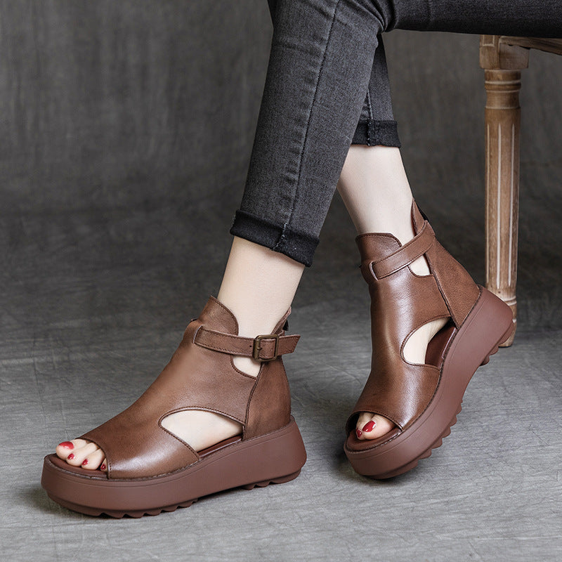 Sommer Neue Retro Erste Schicht Rindsleder Zurück Leere Peep Toe Sandalen Für Frauen