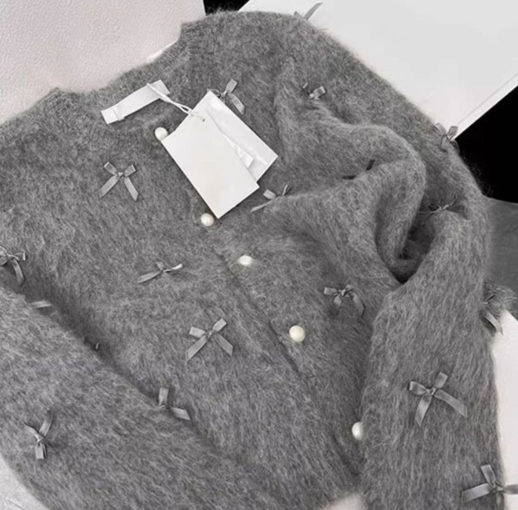 Gray Bow Sweater Women's Autumn And Winter Elegant Soft Glutinous Mohair Knitted Cardigan Chanel Coat