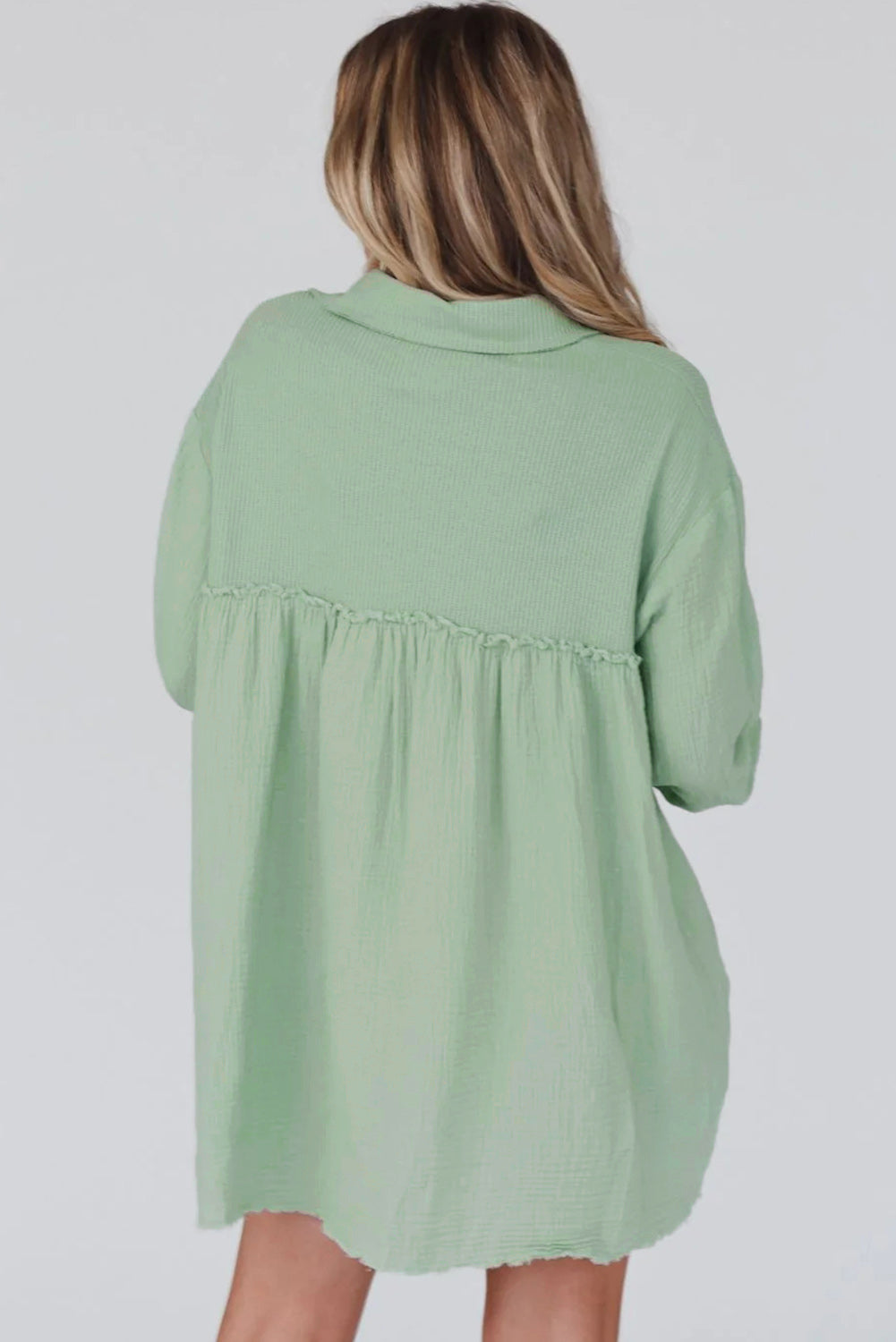 Green Patchwork Crinkle Puff Sleeve Shirt Dress