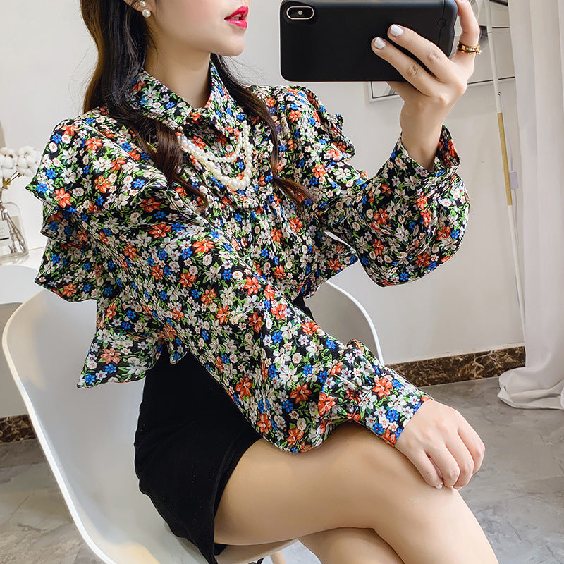 Doll Collar Floral Chiffon Shirt Women Chain Ruffle Top Bottoming Shirt