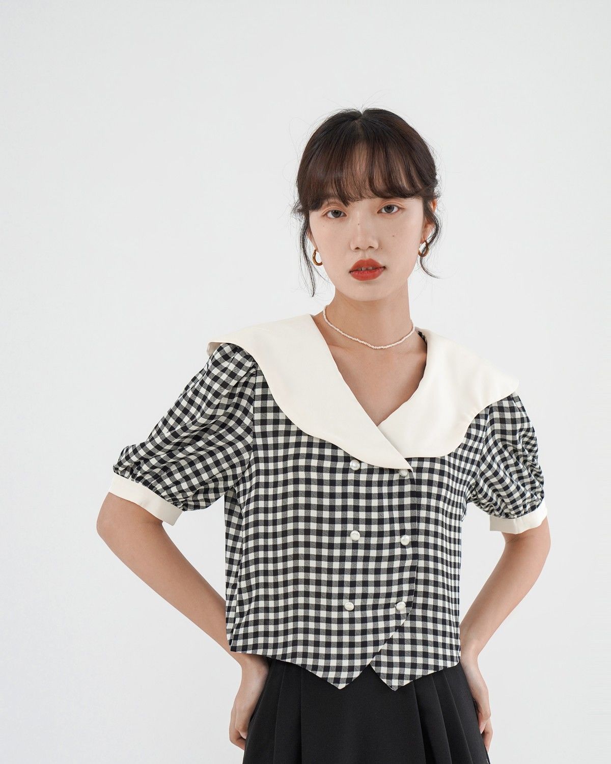 French Double-Breasted Plaid Shirt Ruffle Crop Top