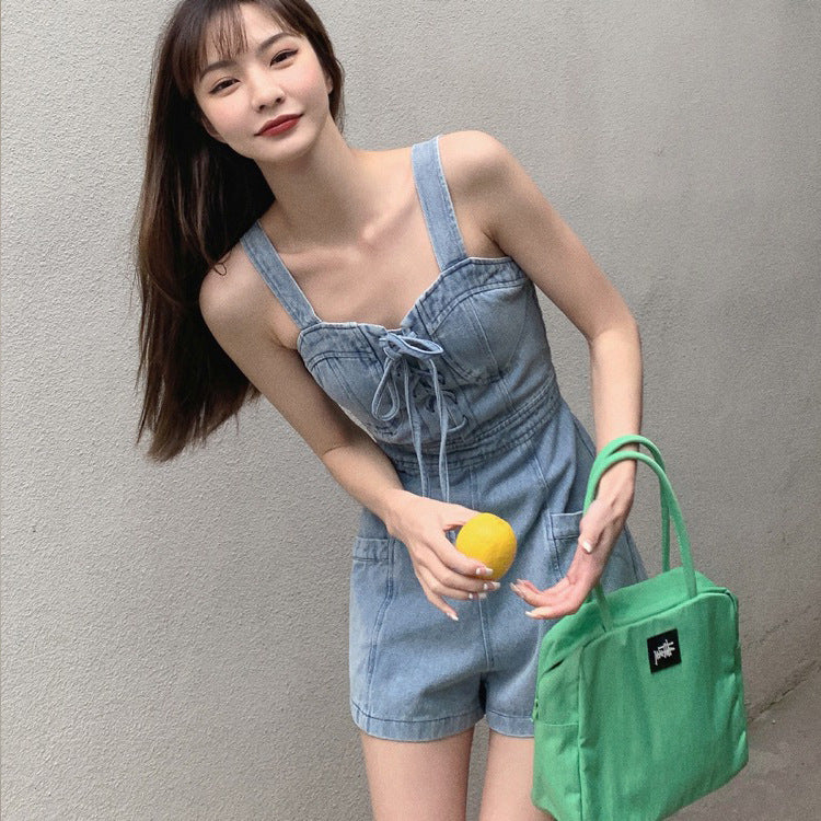 Women's High Waisted And Slim Suspender Denim Suspender Pants