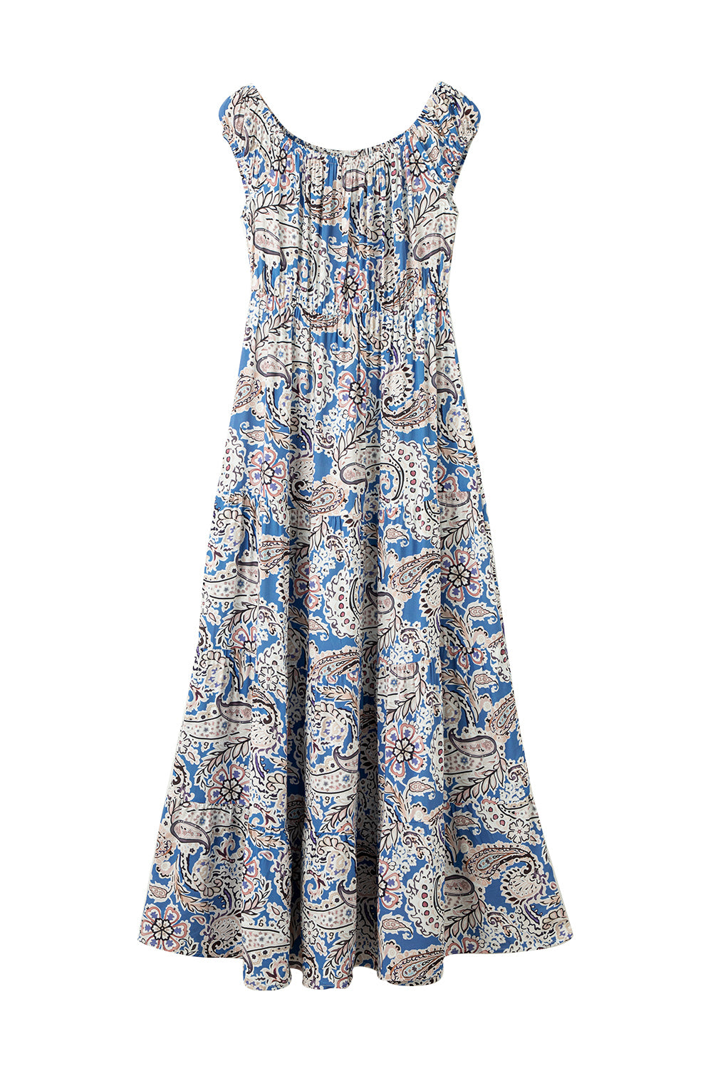 Blaues schulterfreies Maxikleid mit Boho-Paisley-Print