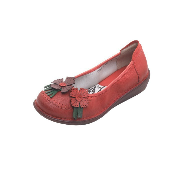 Zapatos de mujer de estilo étnico retro hechos a mano con piel de vaca y suela suave con flores