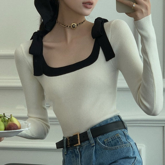 Women's Square Collar Bow Slim-fit Knitted Long-sleeved Bottoming Shirt