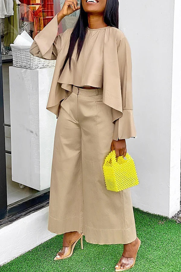 Casual Two-piece Suit Front Short Back Long Bell Sleeve Top Wide Leg Pants Suit