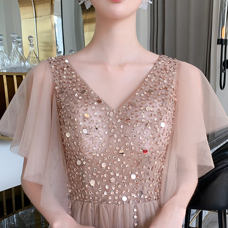 Champagne V-neck Banquet Evening Dress For Host Choral Performance