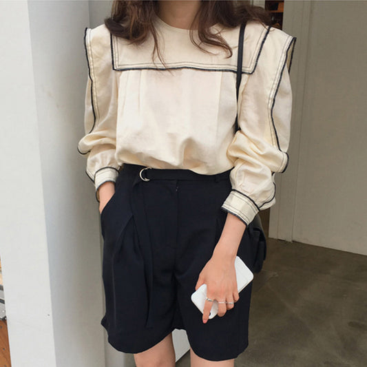 Camisa de manga larga con diseño de nicho de algodón y lino con costuras para mujer