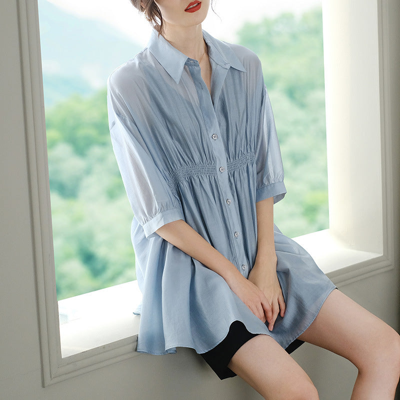 Summer New Chiffon Shirt Short-sleeved Commuter Blue Cardigan Solid Color Shirt Female Sun Protection Clothing