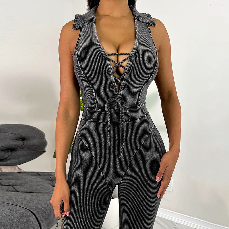 Women's Suspenders Skinny Butt Lifter Jumpsuit With Lapel Straps