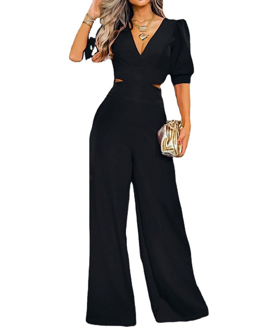 Modischer Jumpsuit mit Puffärmeln und V-Ausschnitt für Damen