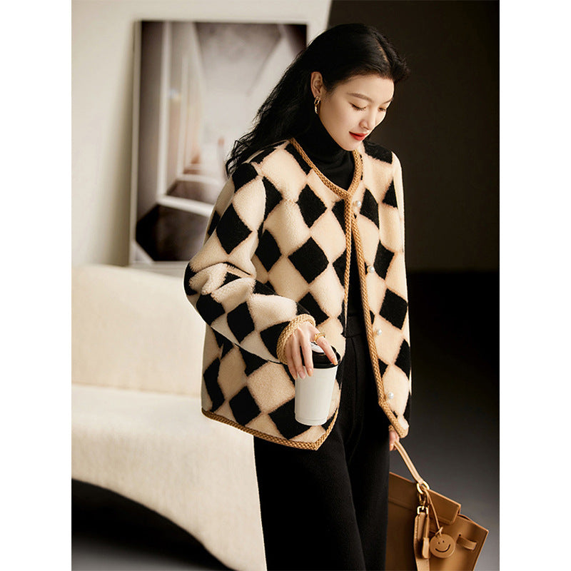 Chessboard Plaid Full Wool Sheepskin Fur Women's Winter