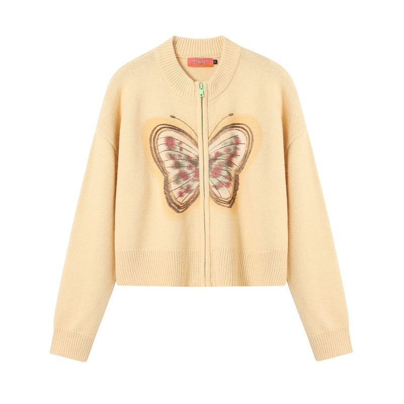 Girl Butterfly Messenger Printed Knitted Cardigan Sweater Casual Loose Top