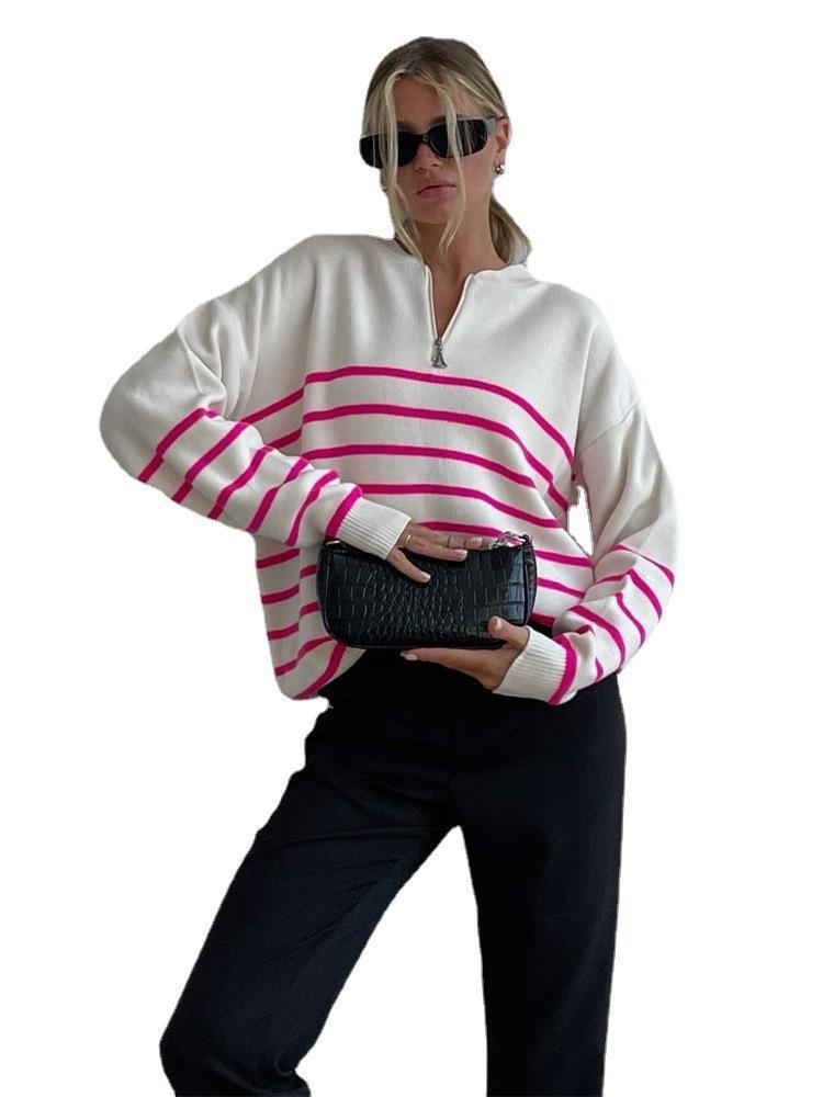Gestreifter Pullover mit Rundhalsausschnitt und Reißverschluss für Damen, lockere Strickwaren in Übergröße