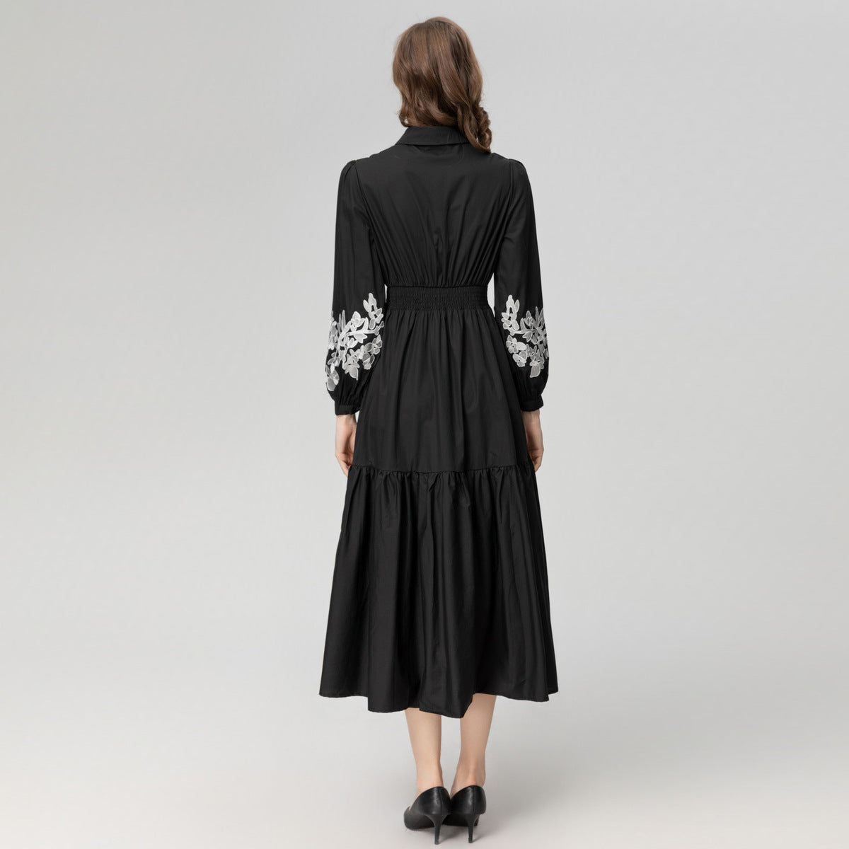 Cotton Embroidery Lapel Elastic Waist Long Sleeve Dress