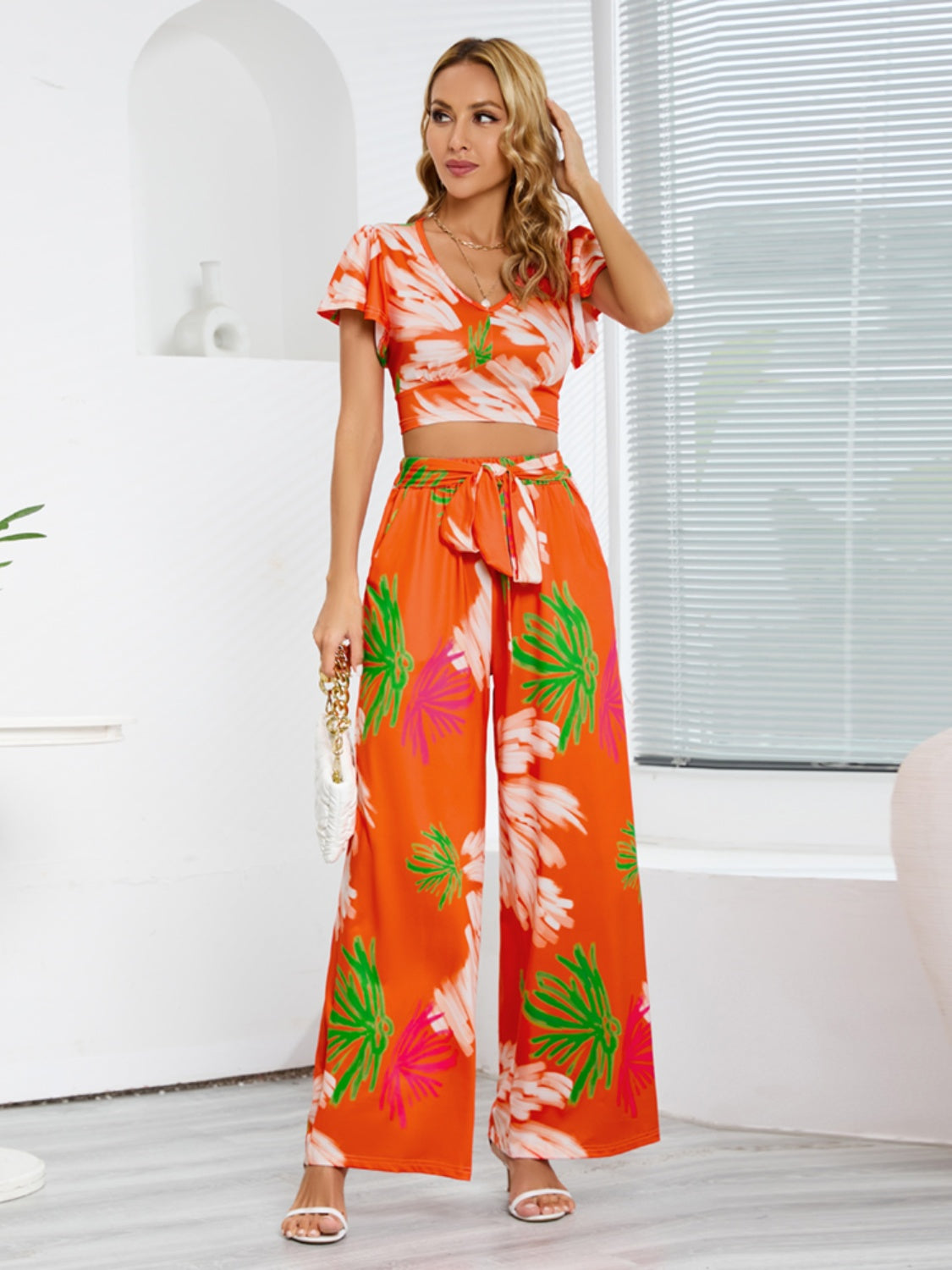 Printed V-Neck Top and Tied Pants Set