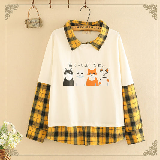 Sweater Fake Two-Piece Stitching Plaid Girl Big Boy New Loose Four Cats Print