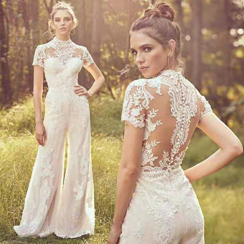 High Neck Lace High End Customized White Noble Trouser Dress Evening