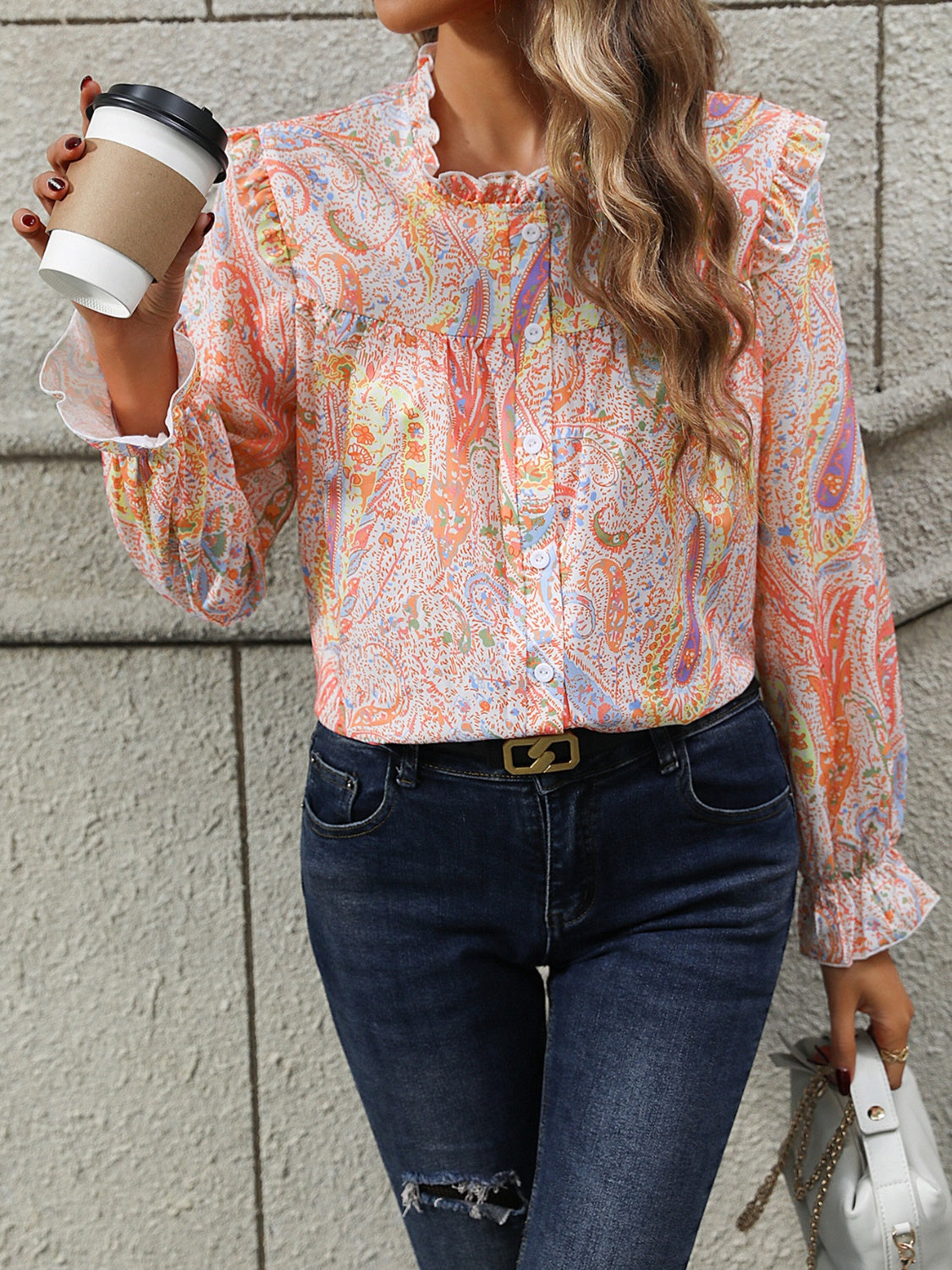 Frill Printed Mock Neck Long Sleeve Shirt