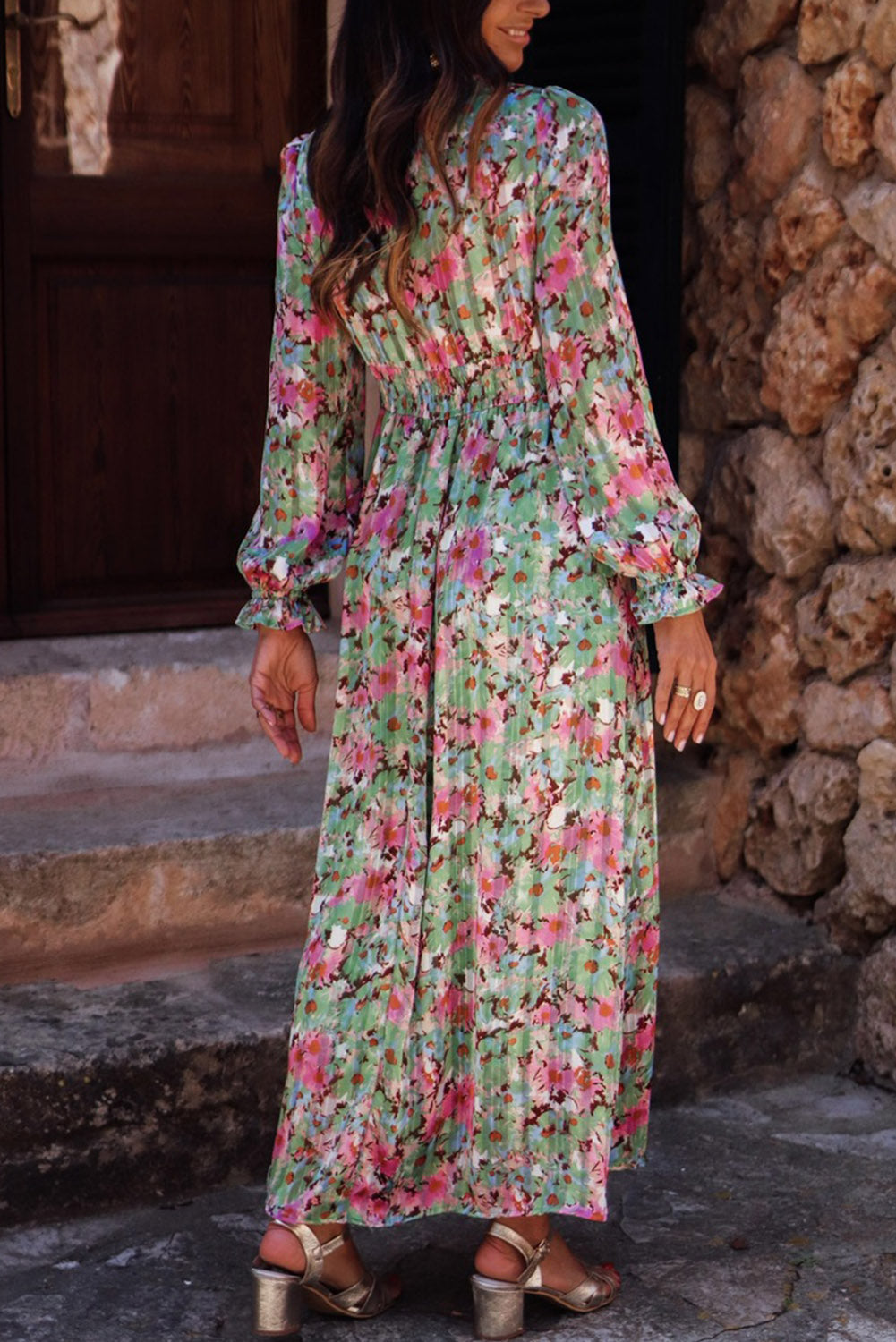 Green Floral Print Deep V Neck Ruched Cinched Waist Maxi Dress