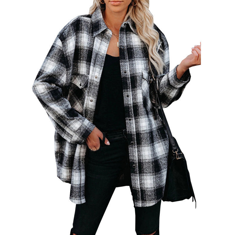 European And American Women's Plaid Mid-length Loose Lapel Cardigan Shirt