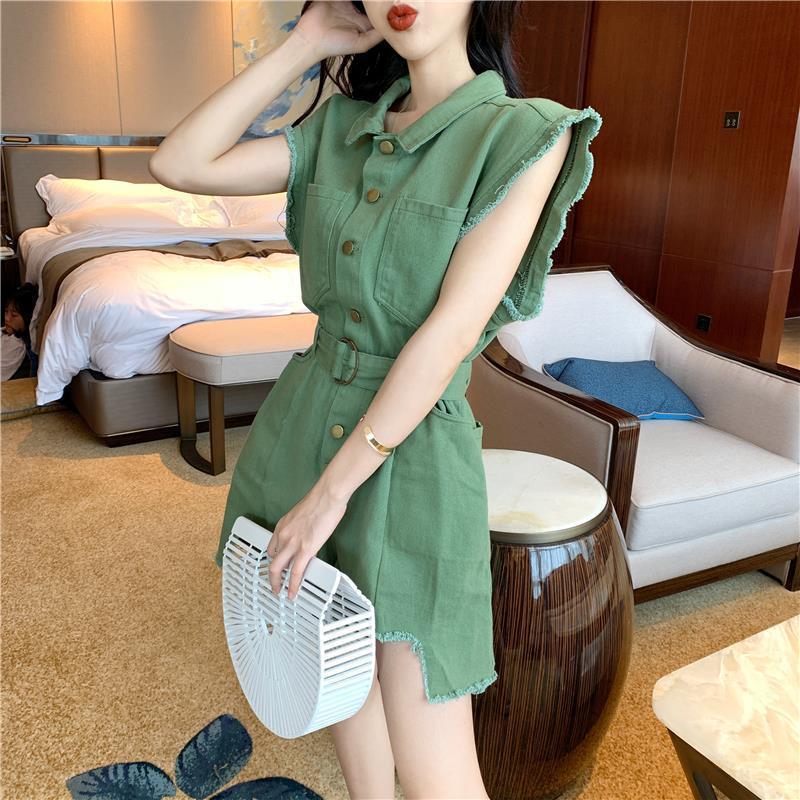 High Waist Washed Frayed Loose Waist Thinner Wide-leg Jumpsuit Women's Shorts Fashion Suit