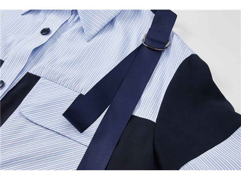 Blue Pinstripe Stitching Contrast Fashion Shirt