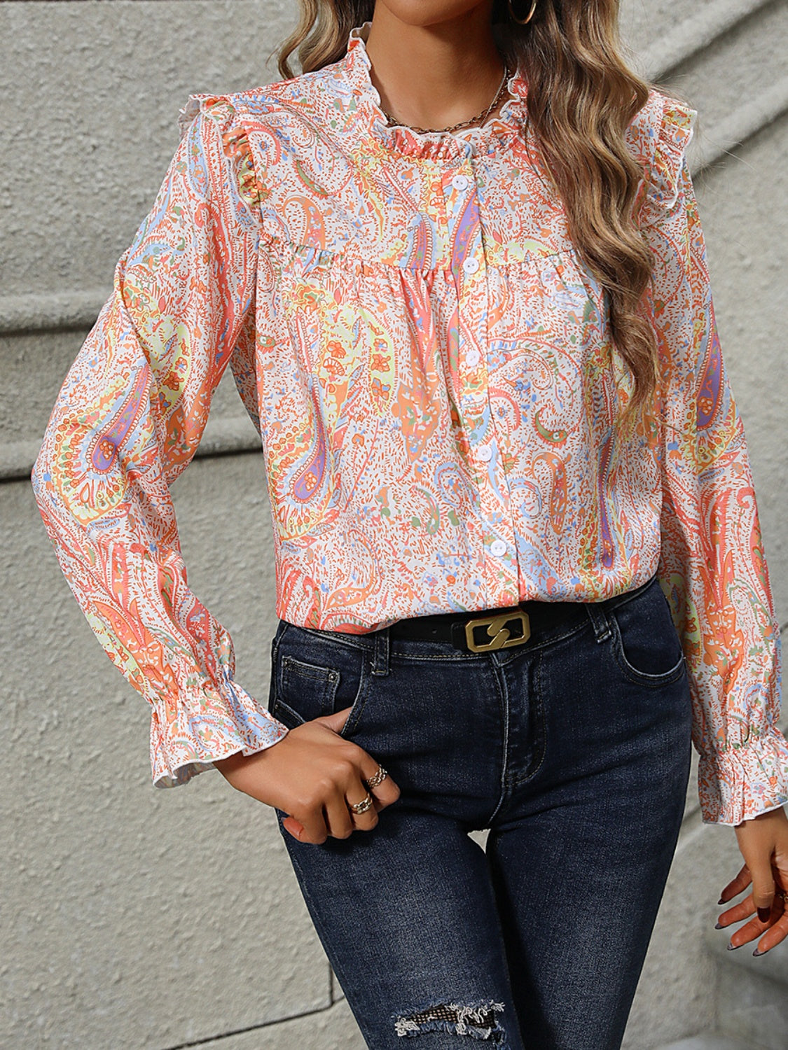 Frill Printed Mock Neck Long Sleeve Shirt