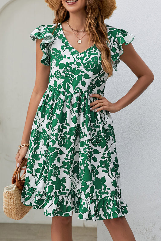 Vestido con manga acampanada y cuello en V con estampado de hojas verde oscuro