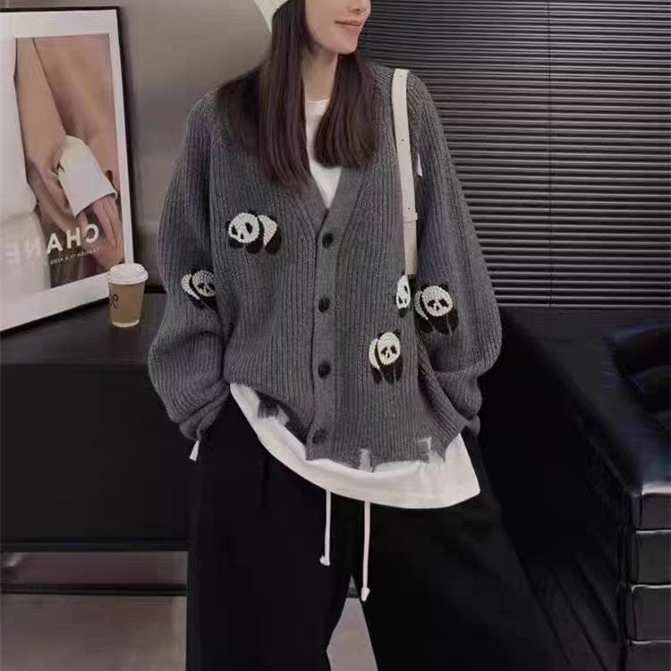 Heavy Industry Panda bestickter Cardigan-Pullover, lockerer und fauler Stil