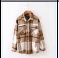 Casual Plaid Shirt Women Tweed Coat Buttons Pockets Female Jacket