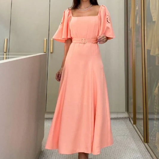 Women's Square Collar Petal Sleeve High Waist Pure Color Long Dress