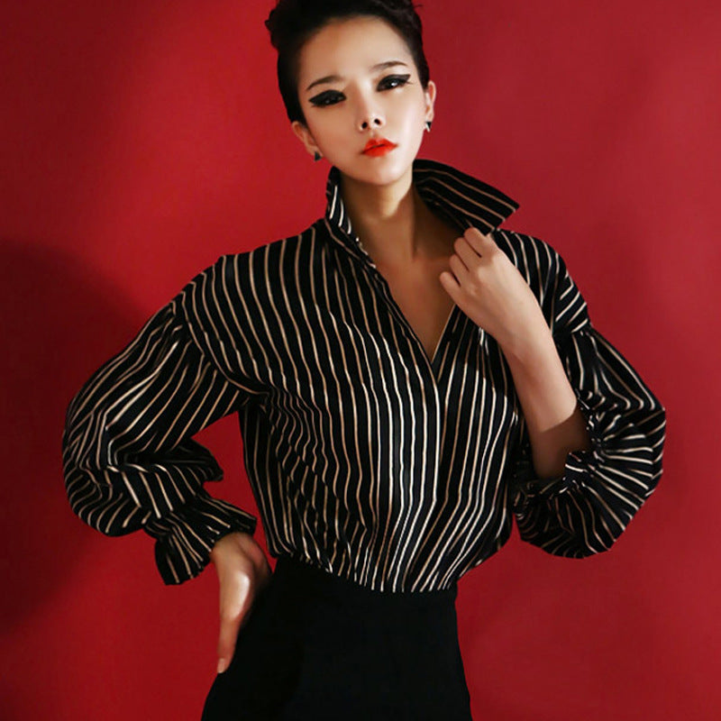 Black and White Striped Loose Blouse