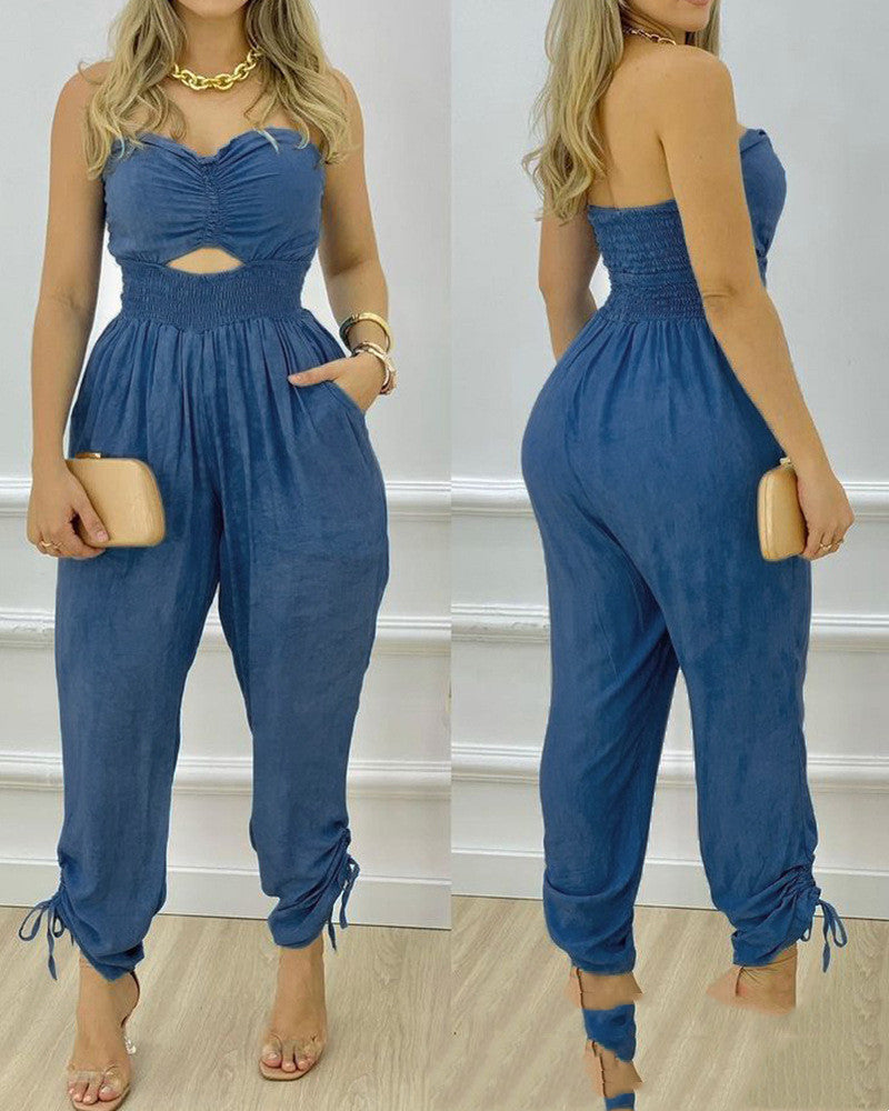 European And American Women's New Blue Tube Top One-piece Trousers