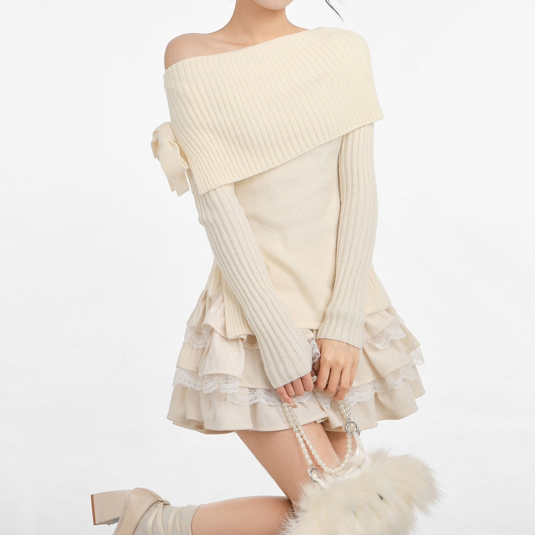 Women's One Shoulder Bow Sweater Cake Skirt