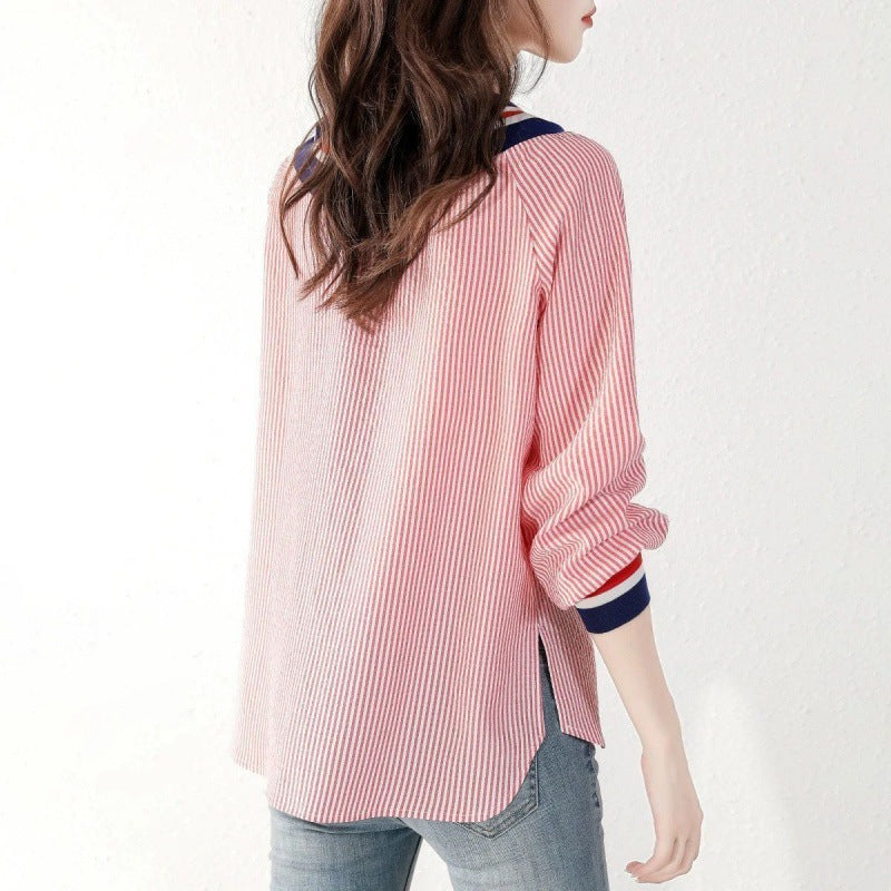 Women's Temperament Striped Loose And Slim V-neck Shirt For Women