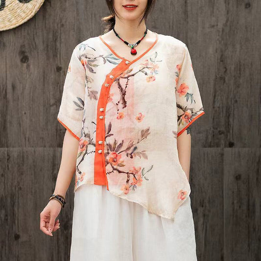 Botón de disco Hanfu Retro camisa pequeña talla grande ramio suelto