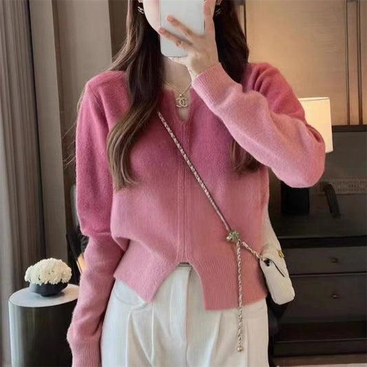 Gradient Color Knitted Long Sleeve Pullover Top Women